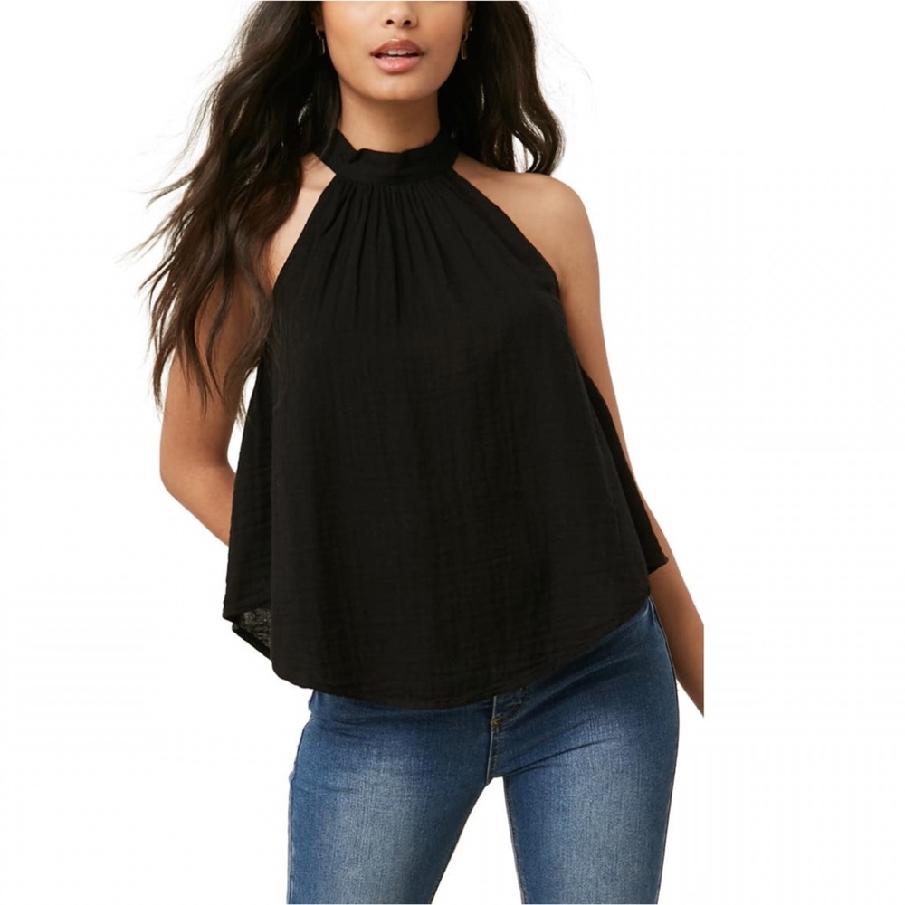 O’Neill Poet Cotton Halter Button Neck Top Black